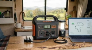 Close-up of a portable power station displaying battery percentage and charging a laptop in a camper conversion
