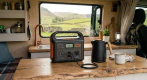 A campervan kitchen setup showing a low-wattage kettle plugged into a starter power station for van life