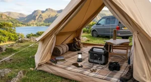 Campervan camping in the Lake District with a lightweight power station under 300Wh charging electronics inside a tent.