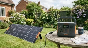 A portable power station being recharged using foldable solar panels in a British garden, demonstrating renewable off-grid energy.