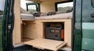Compact power station fitting neatly under the bed platform in a small campervan conversion