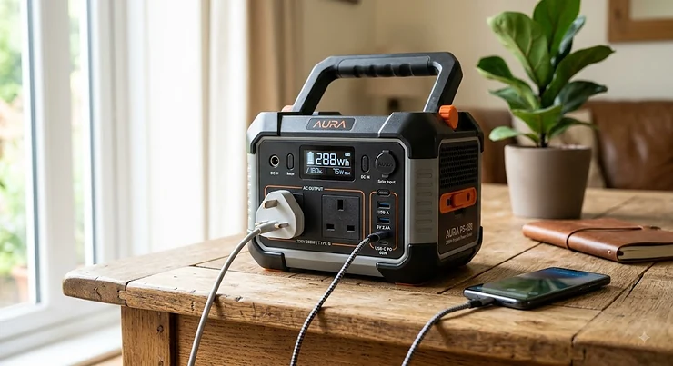 Compact portable power station under 300Wh featuring standard UK three-pin plug sockets and USB ports on a plain wooden table.