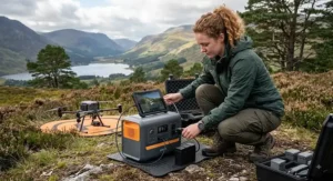 UK drone operator connecting a fast charger to a portable power station in the Scottish Highlands