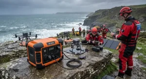 UK emergency response team deploying a portable power station for continuous drone charging at a rescue site