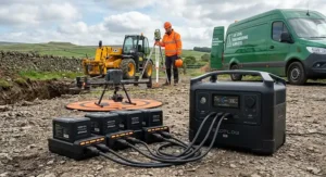 Fast-charging power station refueling enterprise drone batteries during a civil engineering survey in Britain