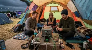 Friends charging mobile phones overnight with a lightweight power station under 300Wh inside a tent at a British summer festival.
