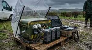 Heavy-duty power station charging multiple commercial drone batteries outdoors in rainy British weather