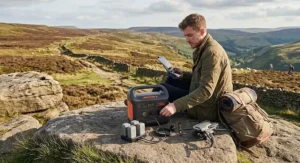 Drone pilot recharging battery packs from a portable power station in the Peak District National Park.