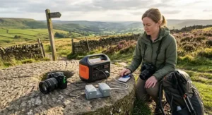 Photographer charging drone batteries and smartphone with a compact power station under 300Wh on a countryside hike.