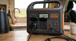 Detailed view of 3-pin UK mains sockets and USB ports on a portable power station for campervan beginners
