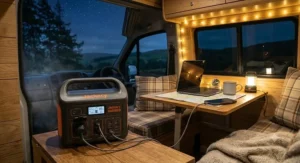 Cozy campervan interior illuminated by warm LED lights powered by a portable power station during a UK camping trip