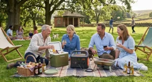 Friends using a portable power hub to run a electric mini cooler at a sunny park gathering in the UK.