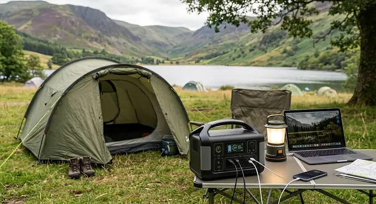 Compact portable power station 300-500Wh supplying electricity to a campsite setup in the Lake District.