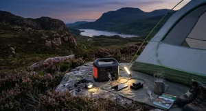 Portable 300-500Wh power station powering expedition gear and headlamps at a wild camping spot in the Scottish Highlands.