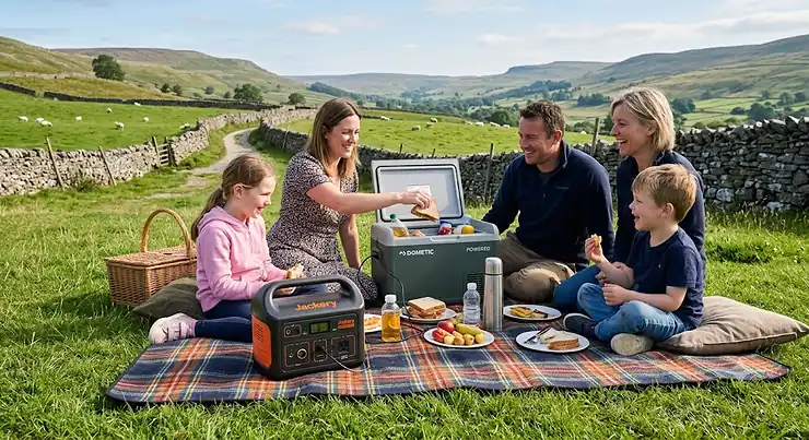 Compact portable power station powering a cool box during a family countryside picnic in the UK. power station for day trips