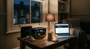 An emergency portable power station keeping a Wi-Fi router, lamp, and laptop running inside a British home during a power cut.