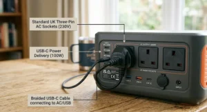 Close-up diagram of the output ports on a portable power station, highlighting standard UK three-pin AC sockets alongside USB-C ports.