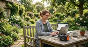 British professional using a small portable power station under 300Wh to power a laptop while working outdoors in a garden.