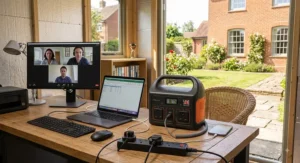 A portable power station under 500Wh powering a laptop and monitor setup in a modern British garden office shed.