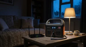 Emergency portable power station under 500Wh keeping a Wi-Fi router and desk lamp running inside a UK home during a winter power cut.