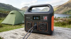 Close-up illustration of a portable power station under 500Wh showing standard British three-pin mains sockets and USB ports.