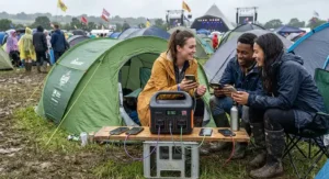 Friends charging multiple smartphones from a portable power station under 500Wh outside their tent at a rainy UK music festival.