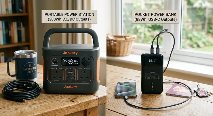 A side-by-side comparison of a compact portable power station and a pocket-sized power bank, highlighting key differences in size and capacity for UK consumers. portable power station vs power bank