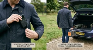 An illustration comparing the weight and transport of a small power bank in a jacket pocket versus a portable power station stored in a car boot.