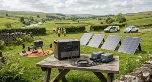 Solar-powered power station for drone charging set up near a countryside survey site in the UK