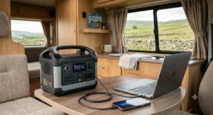 A 300-500Wh portable power station charging a laptop and phone inside a British campervan conversion.