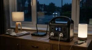 A 300-500Wh backup power station keeping household essentials and internet router powered during a UK power cut.