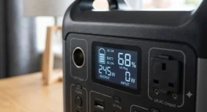 Clear digital LCD screen on a 300-500Wh power station displaying remaining battery percentage and wattage output.
