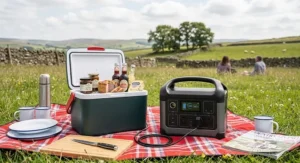 Mid-capacity 300-500Wh power station running a small portable cool box during a British outdoor picnic.