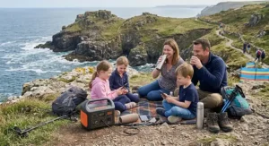 Family on a British coastal walk resting with a portable power generator powering a portable speaker and phones.