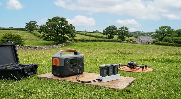 Portable power station for drone charging powering quadcopter batteries in a field in rural England