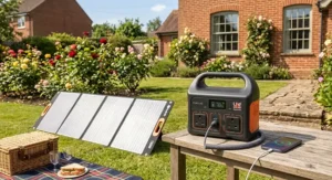 A portable power station under 500Wh connected to a folding solar panel in a sunny British garden.