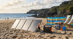Foldable solar panel charging a portable power station set up on a sandy Cornish beach.