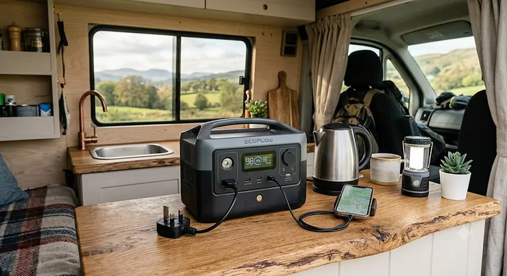 A beginner van life setup inside a campervan featuring a compact portable power station on a wooden countertop, power station for van life starter