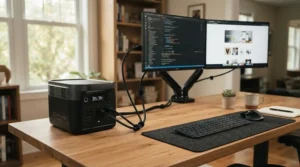 An 800Wh battery generator powering a laptop and monitor for remote work in a UK home office