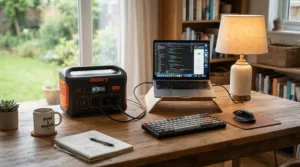 A battery power station 500-1000Wh providing backup power to a laptop and desk lamp during a home office power cut.