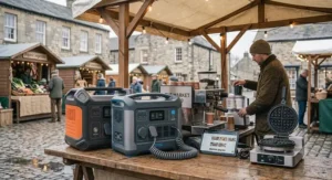 Portable power station supplying electricity to multiple appliances for outdoor market traders.
