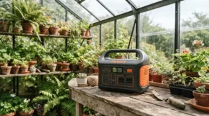 A compact power station 500-1000Wh running automated irrigation pumps and seedling heat mats in a greenhouse.