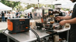 Compact power station for food truck operating a commercial coffee machine inside a mobile catering van.