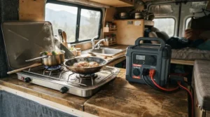 An eco-friendly portable battery box keeping commercial griddles running at a busy British farmers market.