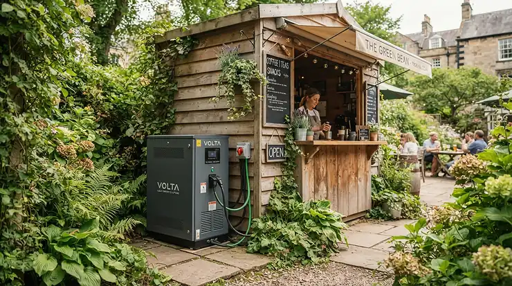 Eco-friendly power station for food truck replacing noisy petrol generators at a farmers market pitch.