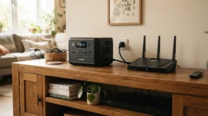 A 600Wh emergency backup battery keeping a Wi-Fi router running during a blackout in a British living room