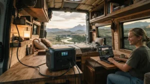 An expandable power station providing off-grid electricity inside a campervan during a British countryside trip.