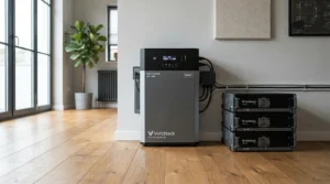 Close-up of an expandable power station featuring modular battery add-ons for increased energy capacity.