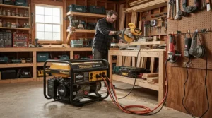 An expandable power station running heavy-duty power tools inside a backyard workshop or garden shed.
