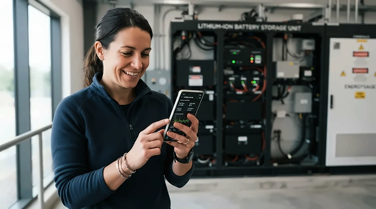 A user checking energy output and battery status on a mobile app connected to an expandable power station.